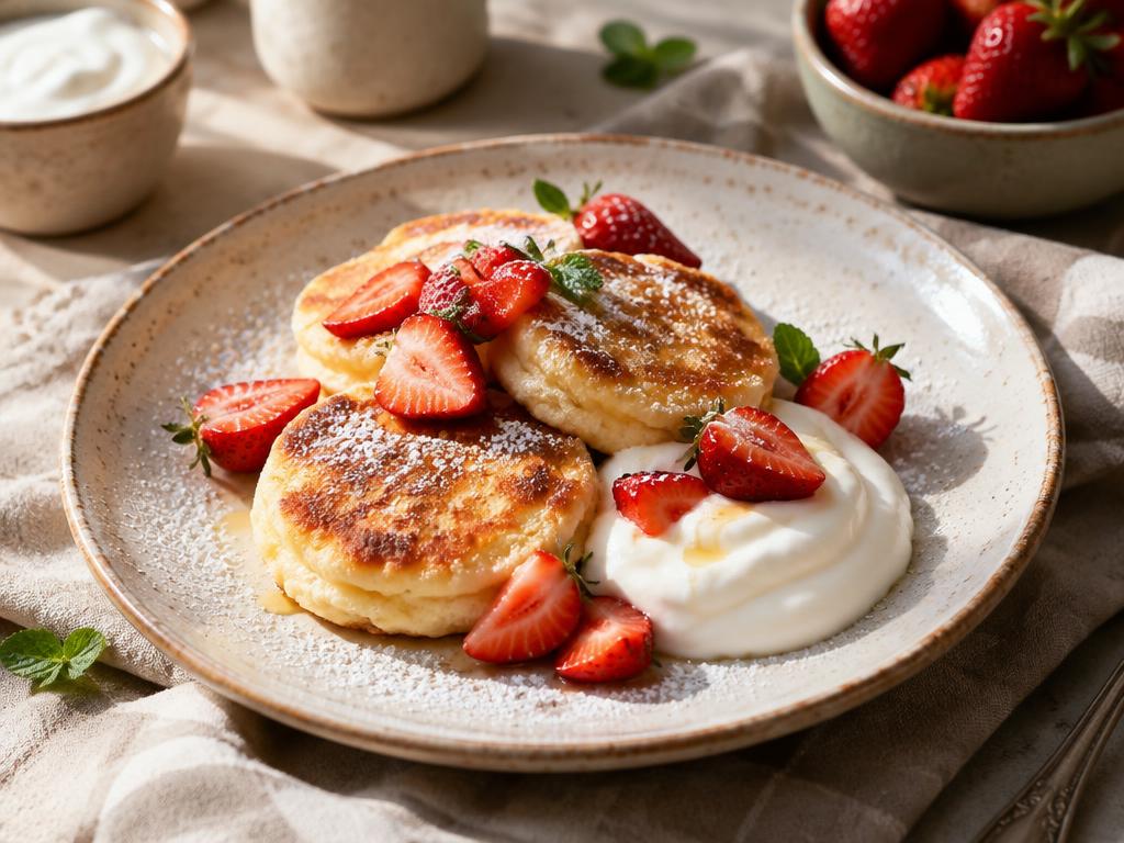 Сырники с йогуртом и клубникой